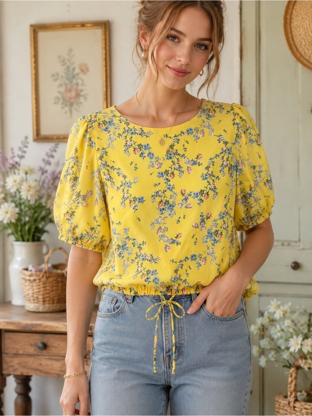Vince Camuto Yellow Floral Cottagecore Coquette Puff Sleeve Blouse Top M